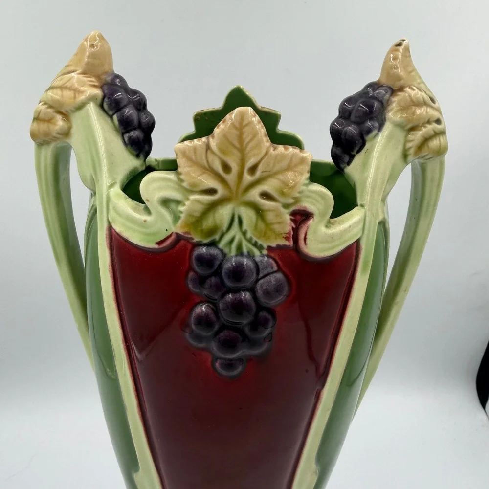 Antique Eichwald Bohemian Majolica Vase Art Nouveau Grape Leaf Twin Handle